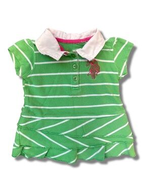 US Polo Assn Baby Girls 6-9 Months Dress Green Striped Ruffles Cotton Preppy